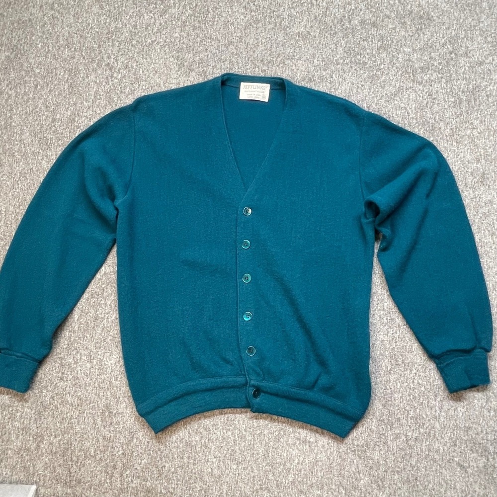 Vintage‎ Jefflinks Cardigan Teal V Neck Button  100% DuPont Orlon M Grandpacore